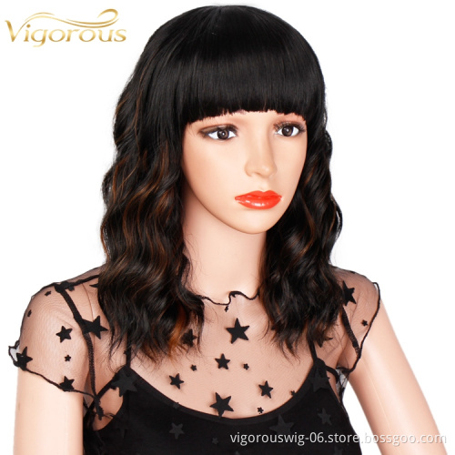 Vigorous Wavy Bob Wig with Bangs for Women Black Mixed Brown Color Synthetic Heat Resistant Fiber Hair for Black Women